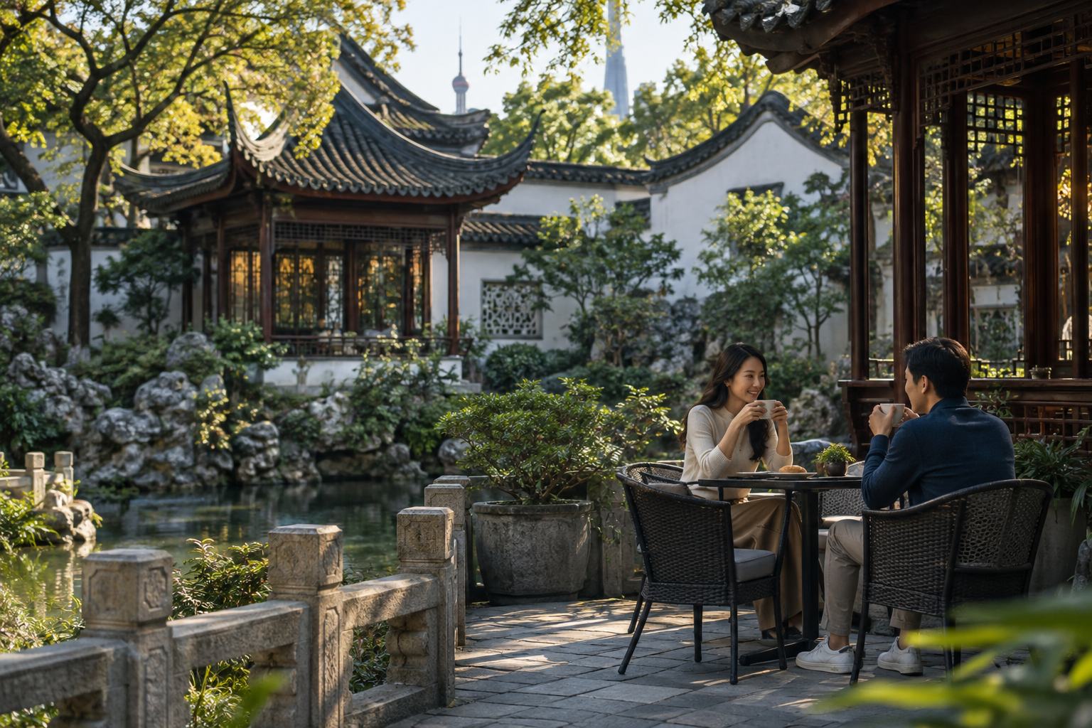 People enjoying coffee in a courtyard at Shanghai Yu Garden